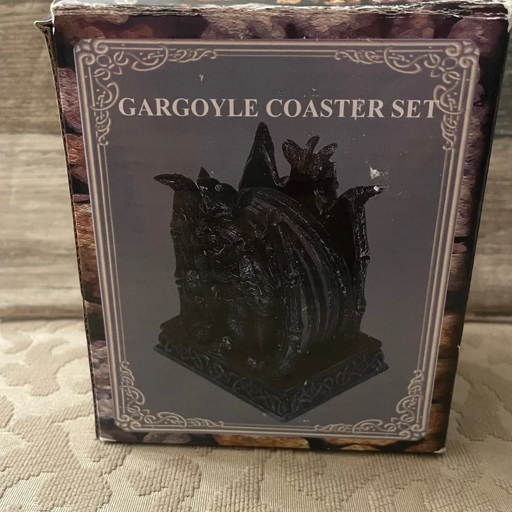 Gargoyle Gathering Coaster Set Gothic Celtic Knot Resin Stone Finish 5 Piece Set